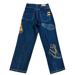 VTG Raw Blue W34 Baggy Loose Fit Embroidered Footprint Skate Streetwear Jeans